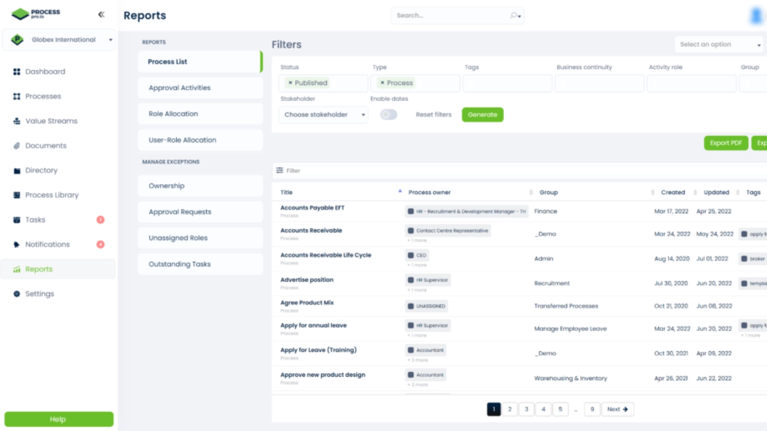 ProcessPro Reports screen with filters and a list of published business processes and their owners.