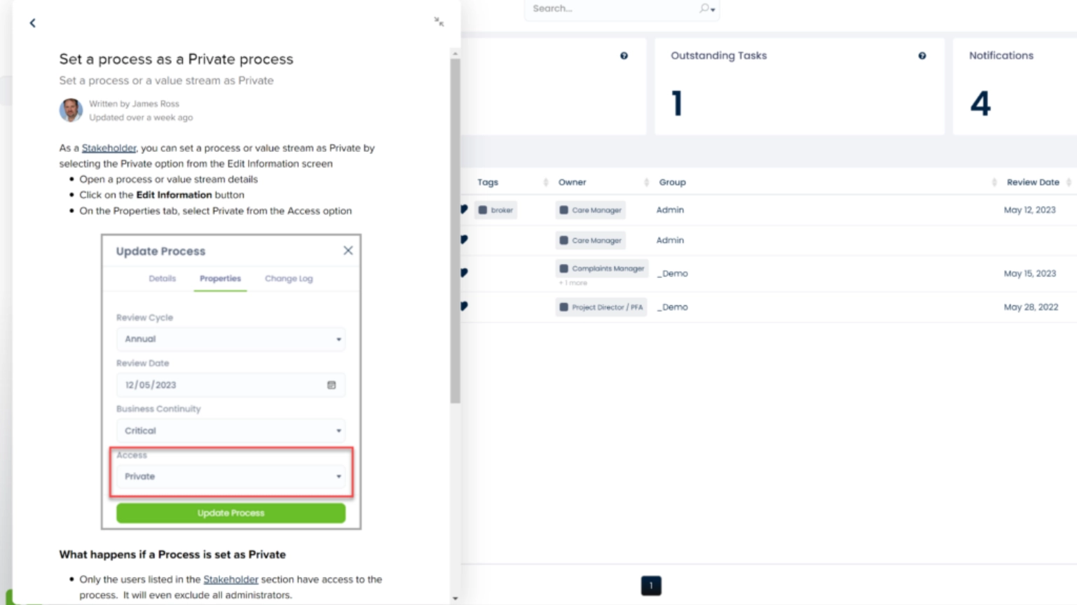 Instructions on setting a process as private in ProcessPro, showing properties panel and access settings.