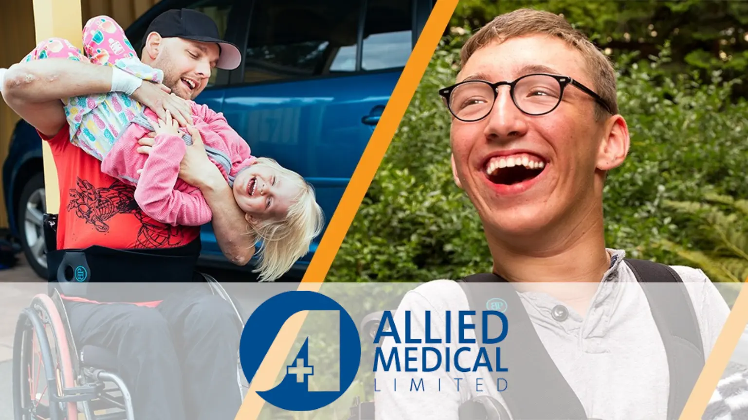 Collage featuring a man in a wheelchair playing with a child, a smiling man, and the Allied Medical Limited logo.