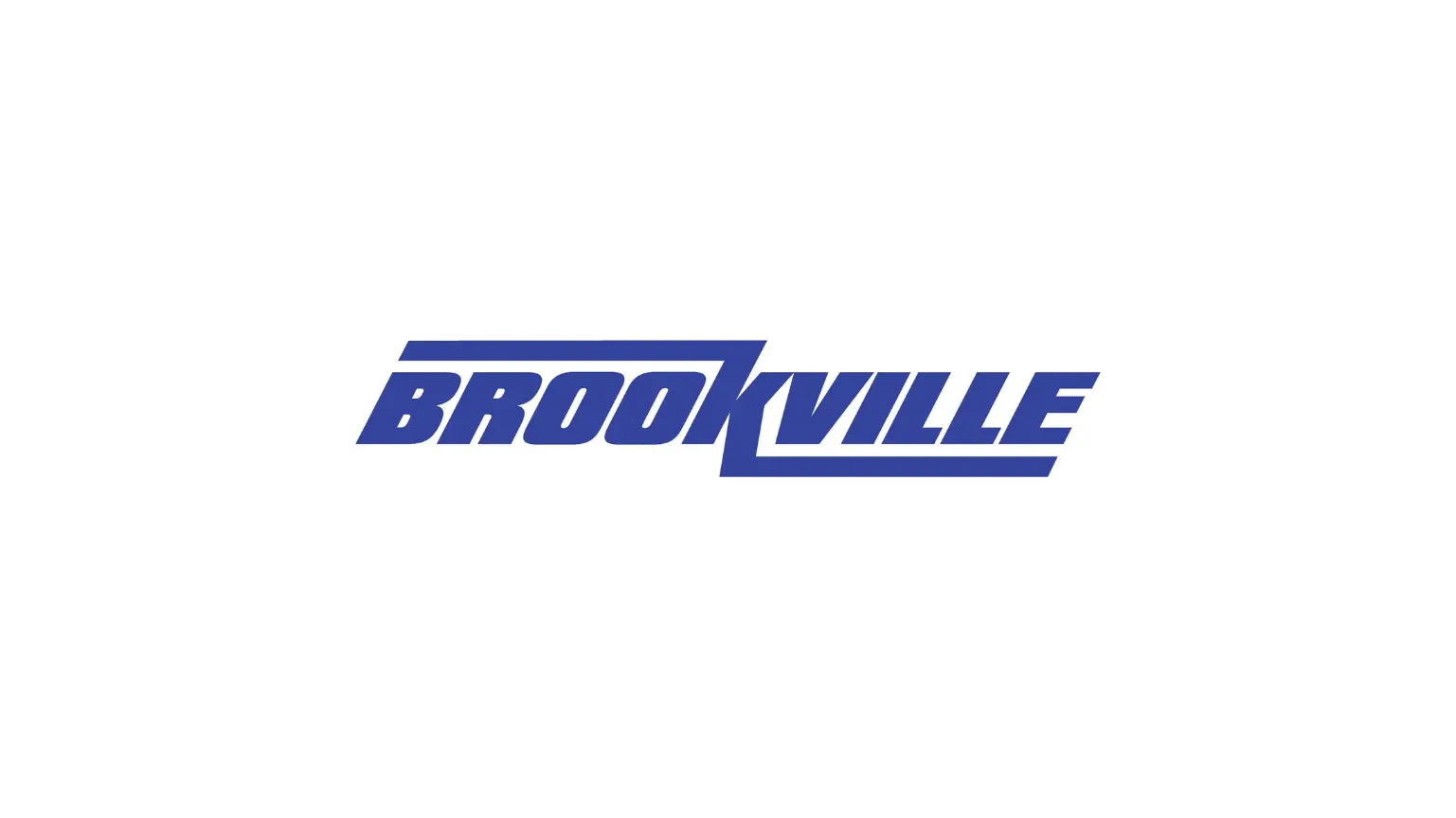 Blue stylized text logo that says "BROOKVILLE" with dynamic lines.
