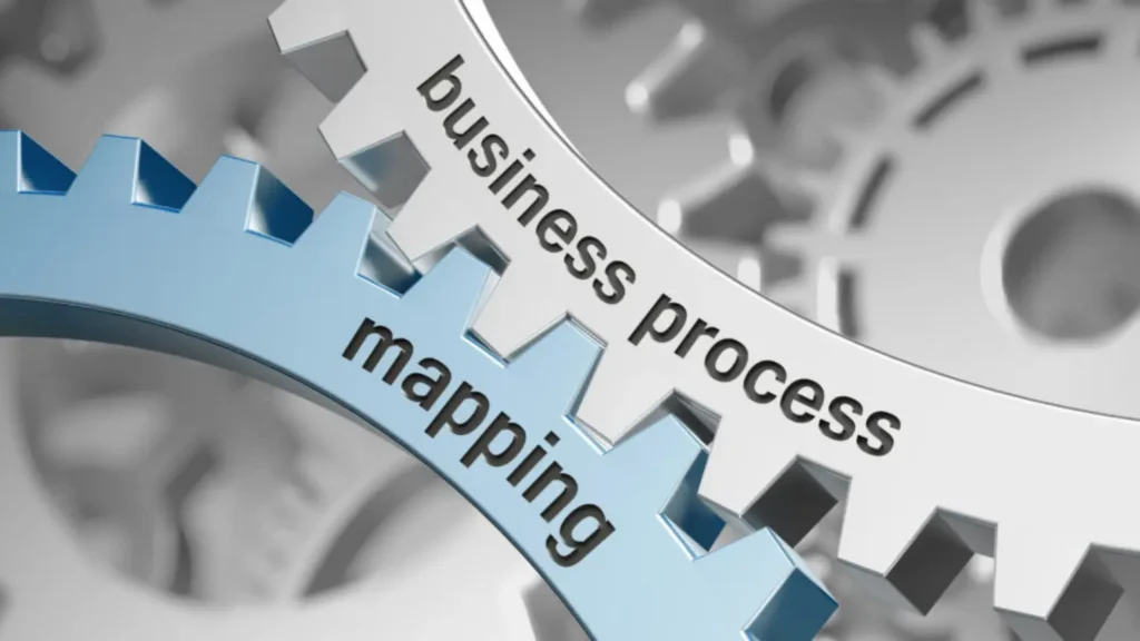 Two interlocking gears labeled business process mapping.