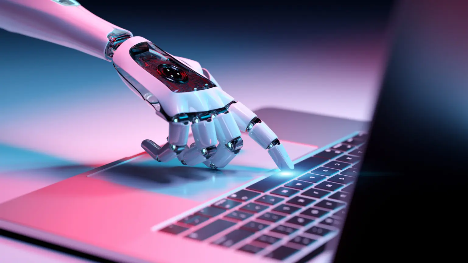 Robotic hand using a laptop keyboard with glowing light effects.