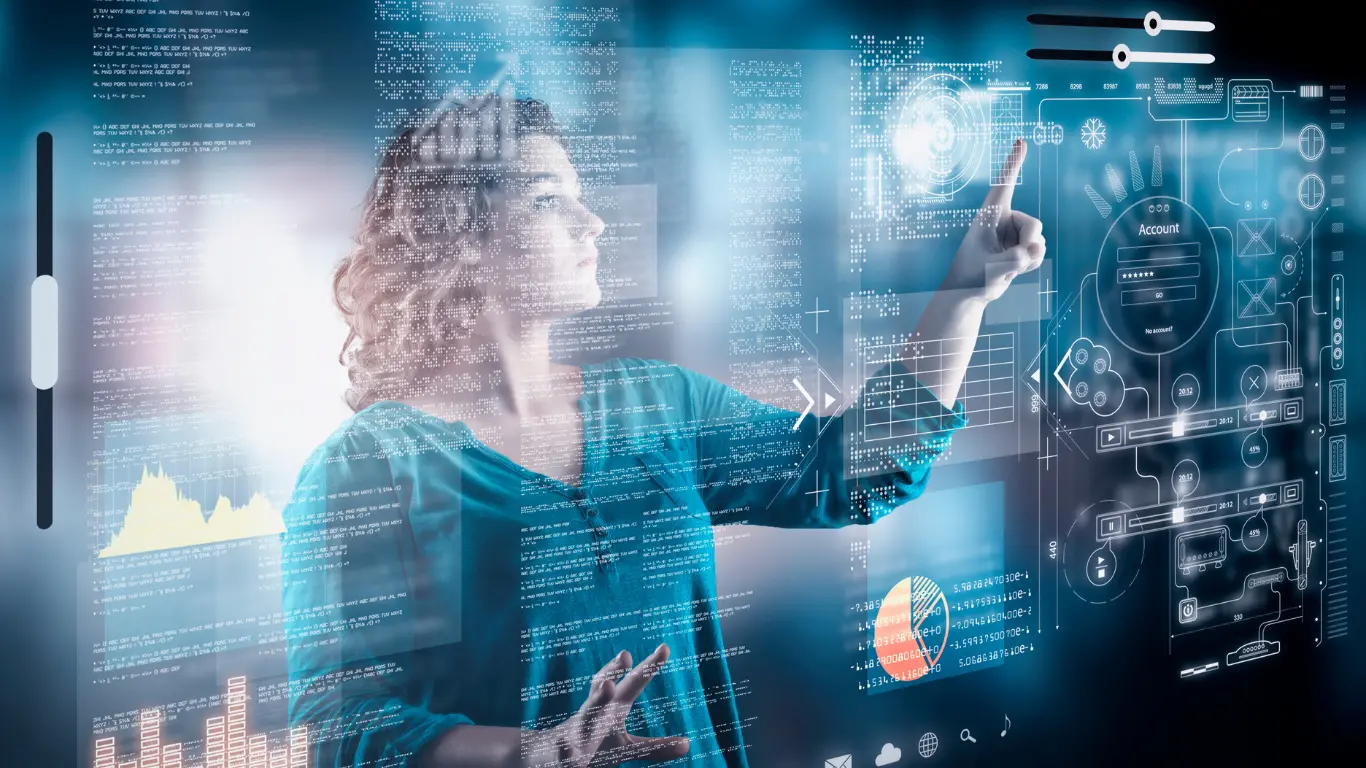 Professional using digital interface to visualize AI process automation and data insights