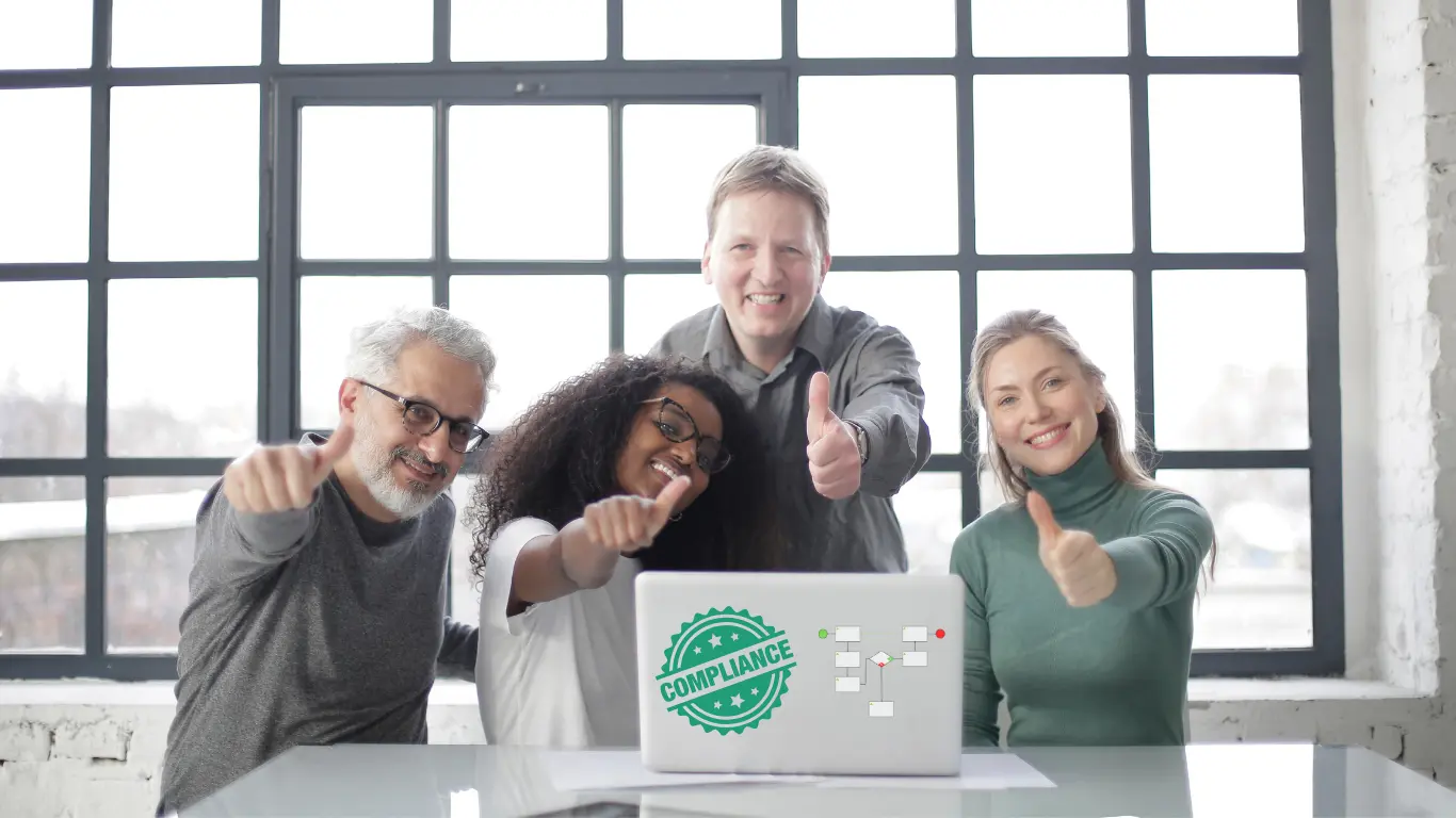 Four professionals giving a thumbs-up behind a laptop displaying a compliance badge and process map, symbolizing successful compliance process improvement.