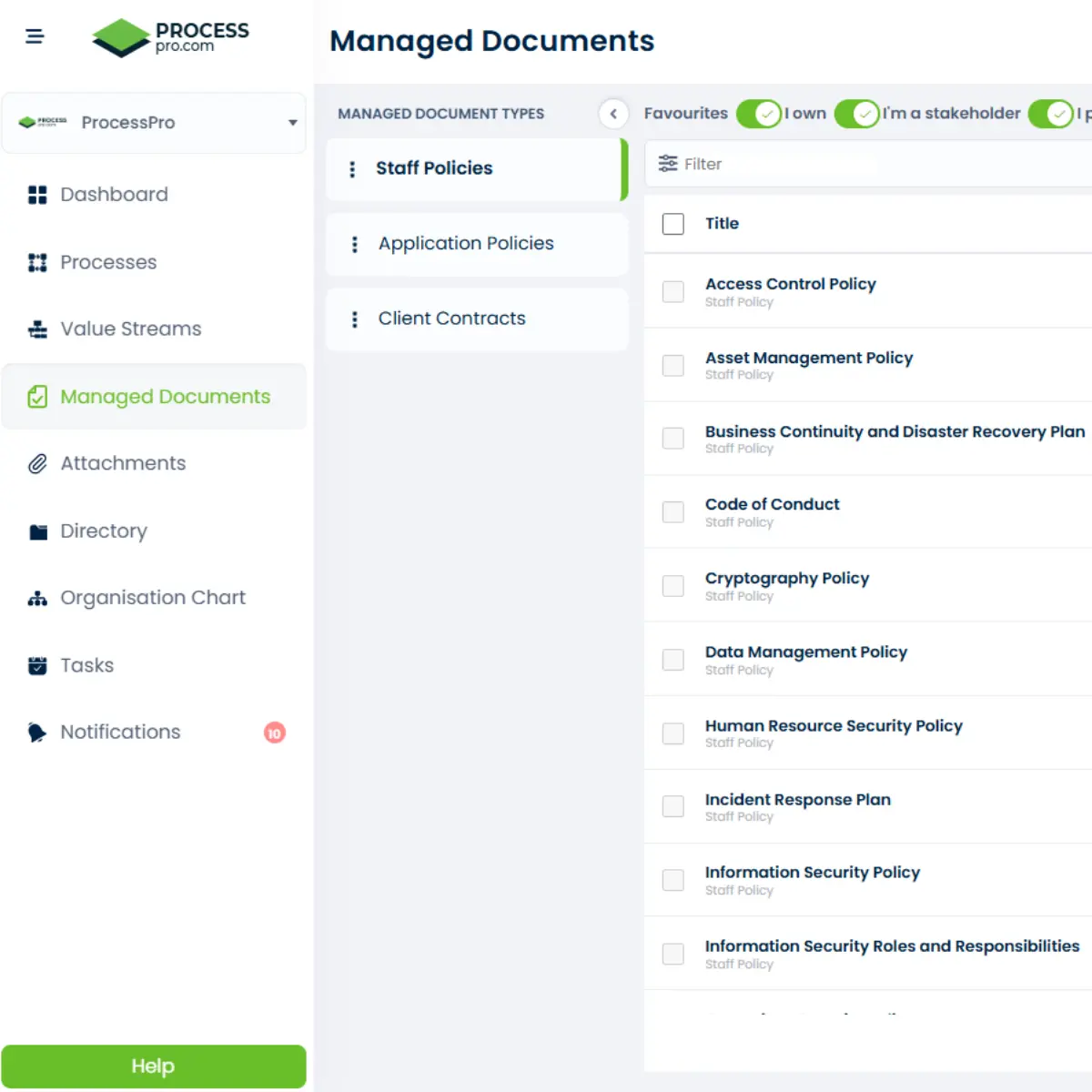 Screenshot of policy management software showing staff, application, and client policy categories under Managed Documents.