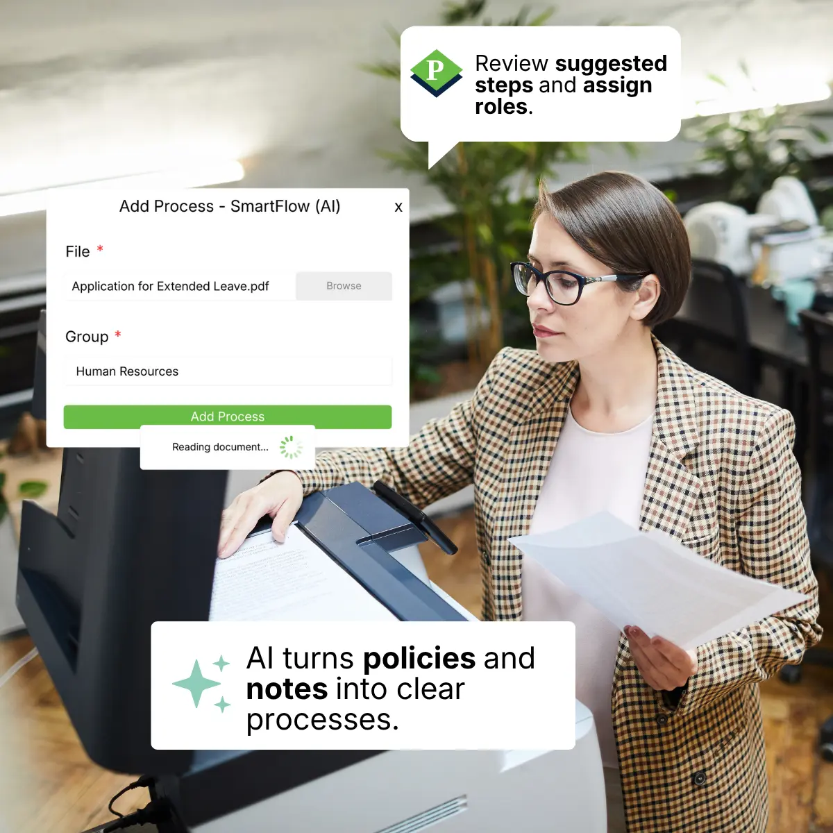 A woman in an office scans a printed document while SmartFlow UI overlays show an uploaded file being processed and a message prompting her to review suggested steps and assign roles. A caption highlights that AI turns policies and notes into clear processes. The graphic illustrates how AI converts documents into structured workflows.
