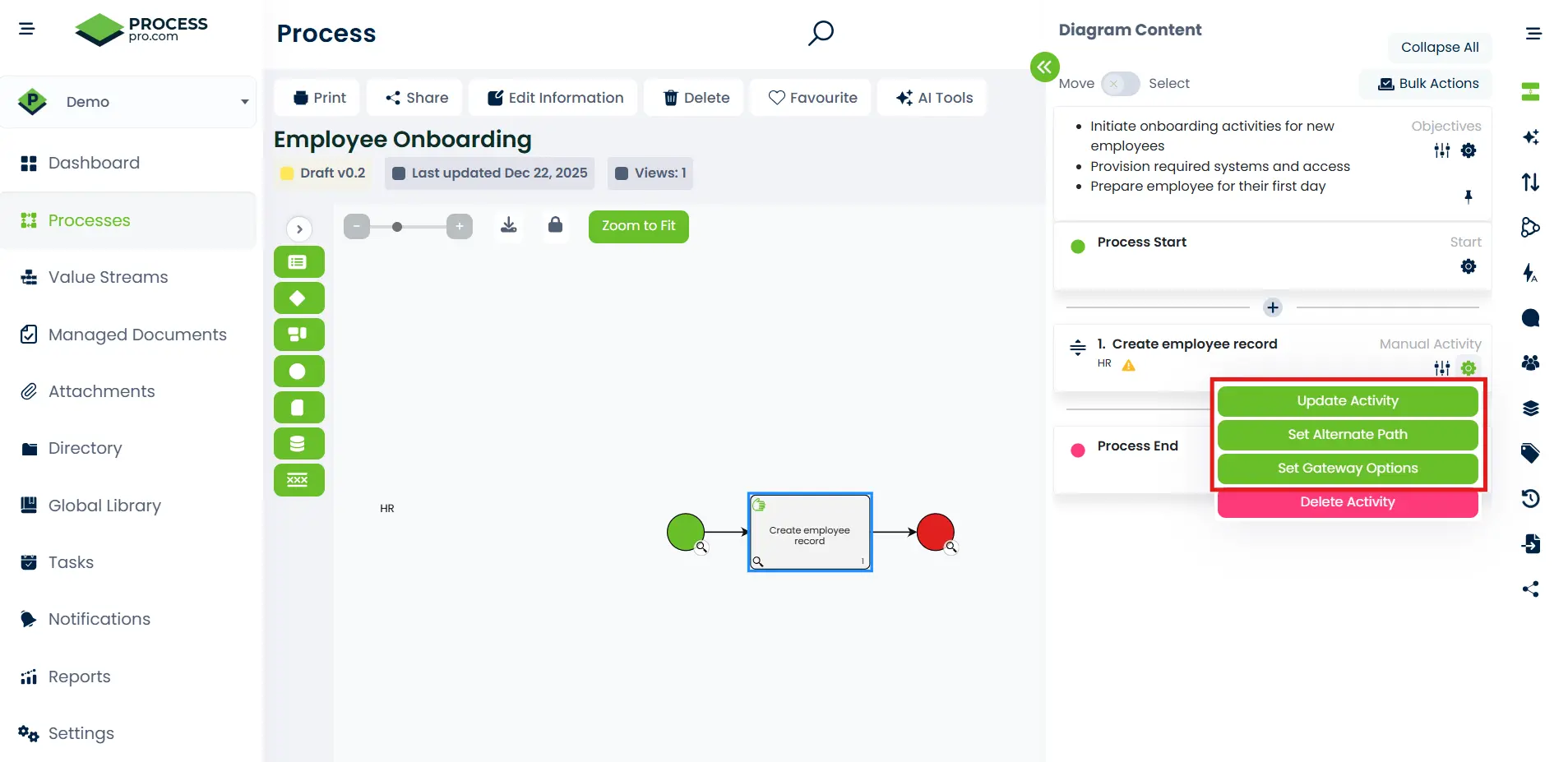 ProcessPro process editor showing an activity selected in the process map, with options to update the activity, set an alternate path, or configure gateway options.