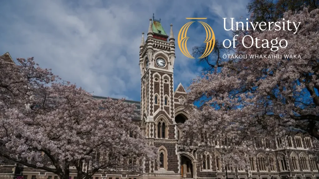 A wide-angle view of the University of Otago Clocktower and surrounding cherry blossom trees, displayed as the tablet featured image for the case study.