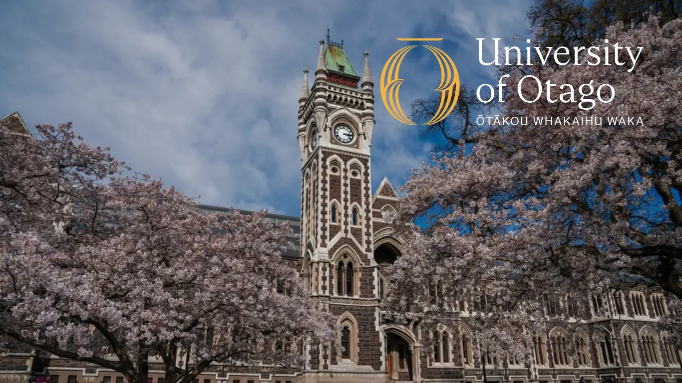 A wide-angle view of the University of Otago Clocktower and surrounding cherry blossom trees, displayed as the tablet featured image for the case study.